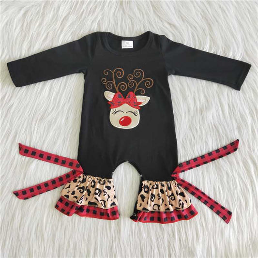 Christmas embroidery deer black romper