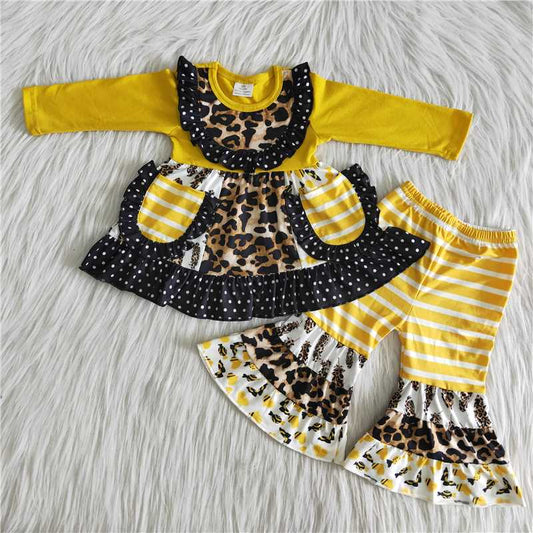 6 B5-2 yellow striped pockets leopard design long sleeve pants set