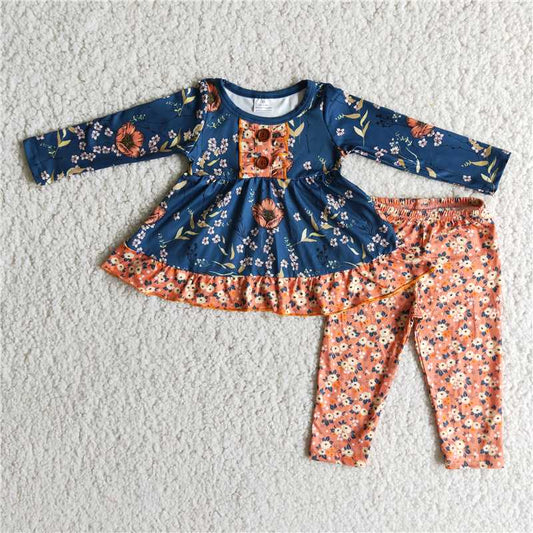 blue flower pattern girl's children outfit sets