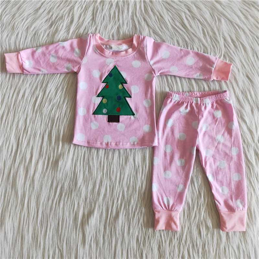 Embroidered Christmas Tree Dots Girls Pink Cotton Pajamas