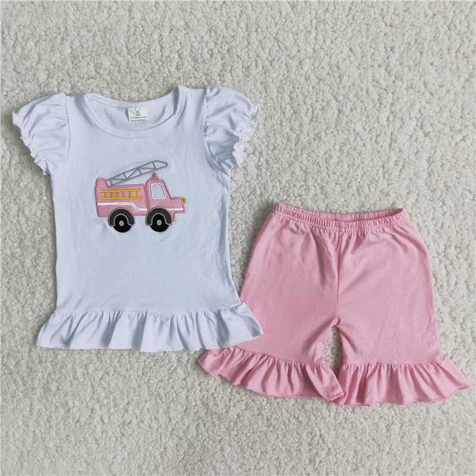 Girls Embroidered Fire Truck Cotton Top Shorts Set