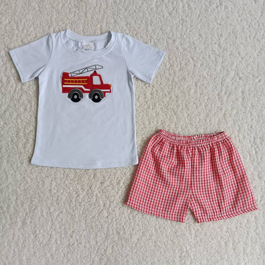 Embroidered fire truck cotton shirt plaid pants boy