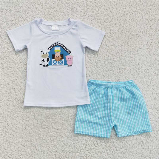 rts no moq B18-12 Summer boy short sleeve and short pants cow farm print milk silk