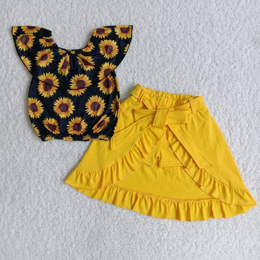 Girls Sunflower Short Sleeve Top Yellow Shorts Skirt Boutique Suit