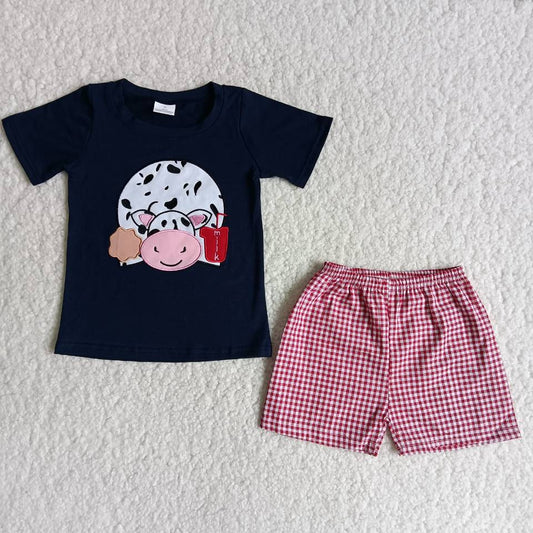 Embroidered Cow Black Short Sleeve Shorts