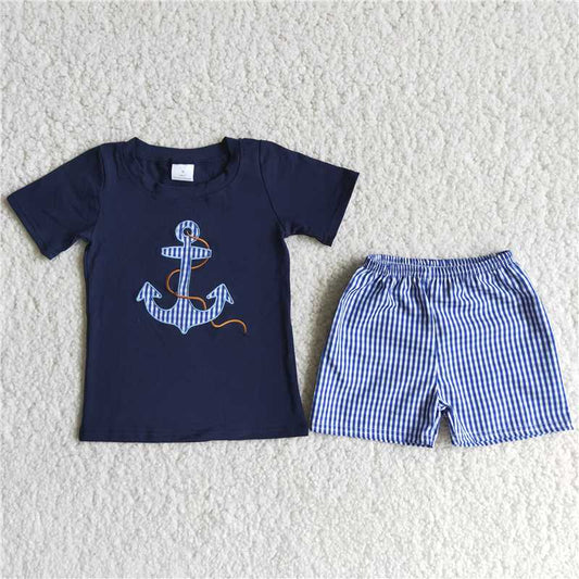 Boat Spear Embroidery Blue Short Sleeve Plaid Shorts