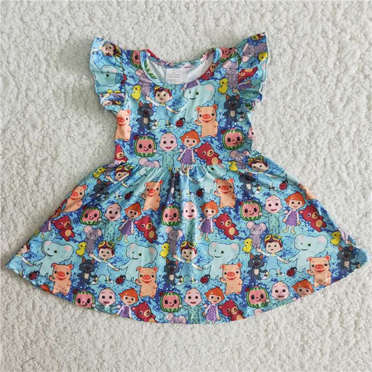 B14-11 Baby Girls Smiley Watermelon Boy Print Blue Flying Sleeve Dress