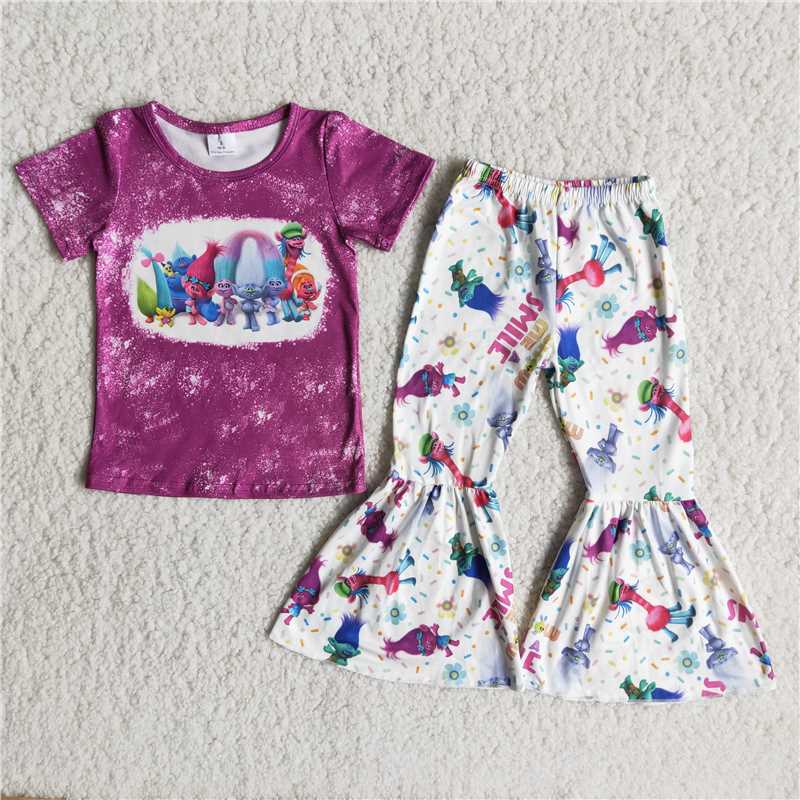 purple bleached shirt smile letter pattern long pants set