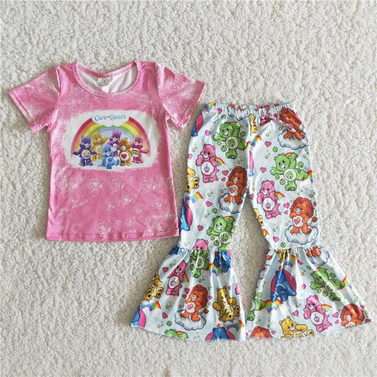 pink bleached shirt colorful bears pattern long pants set