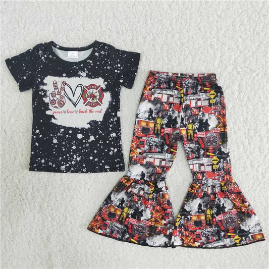 peace love firetrucks pattern long pants set