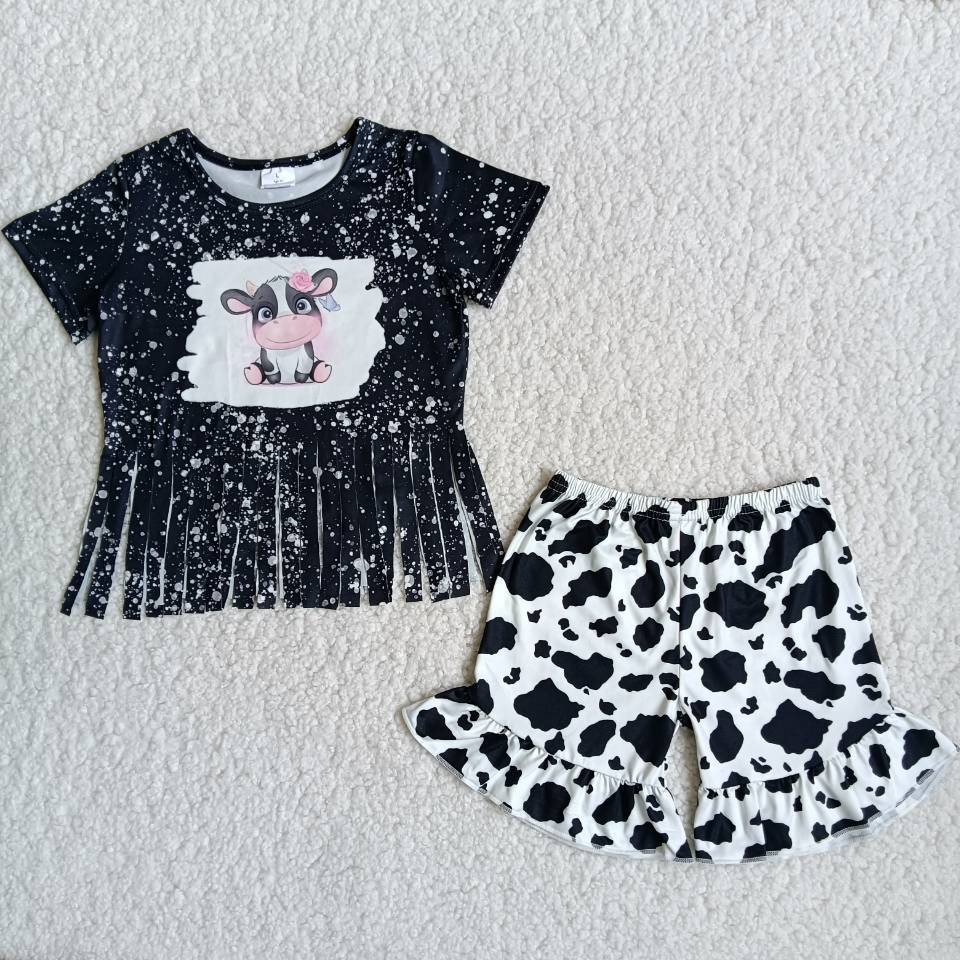 Girls cow spots fringed shorts outfit