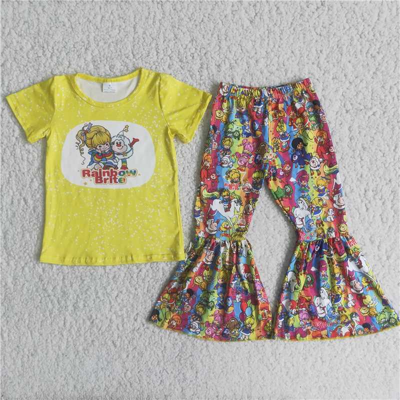 yellow bleached shirt rainbow pattern long pants set