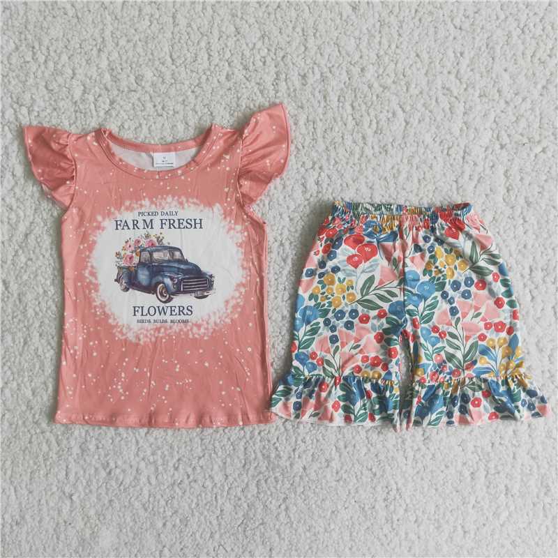 Girls Flower Truck Pink Flying Sleeve Shorts Set