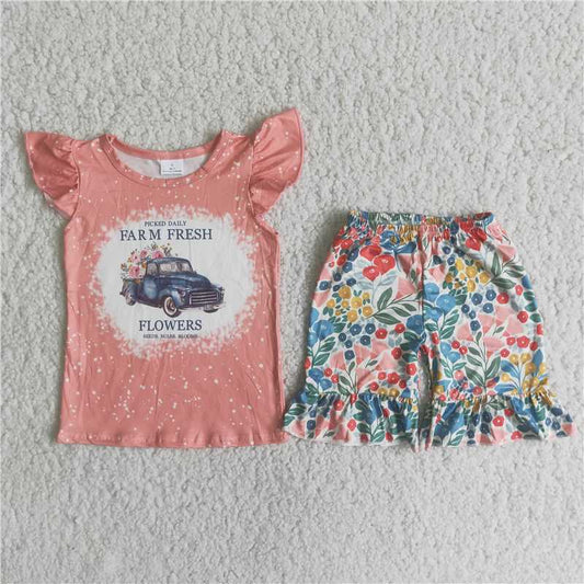 Girls Flower Truck Pink Flying Sleeve Shorts Set