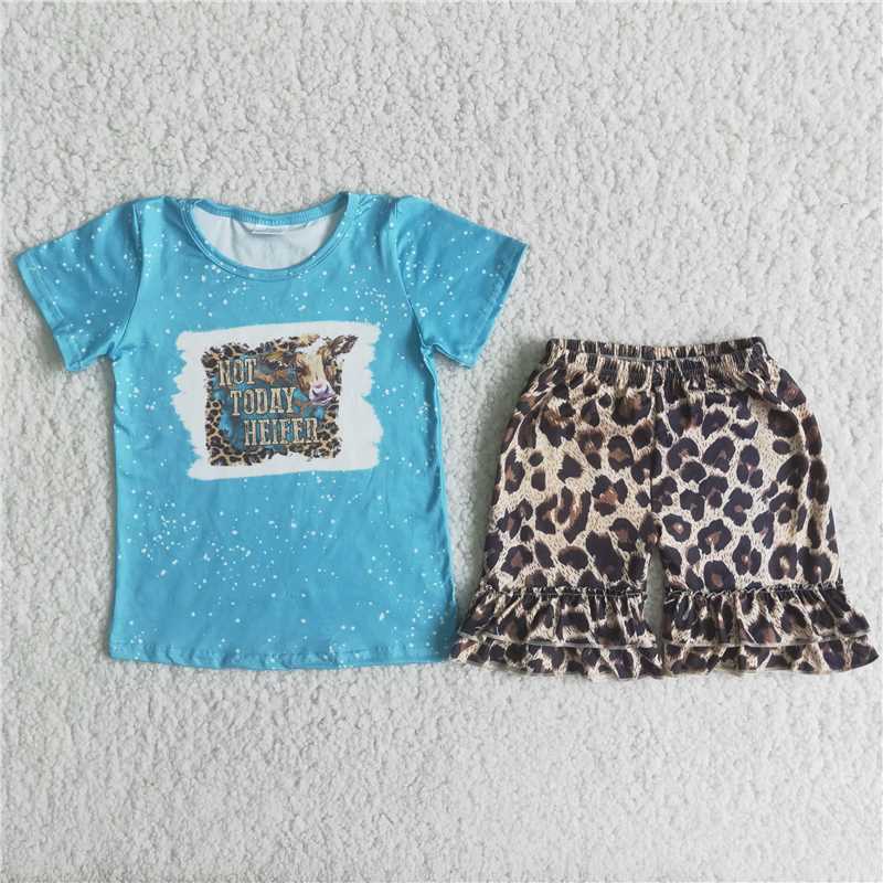 Girls Bull Head Blue Short Sleeve Leopard Print Shorts Set