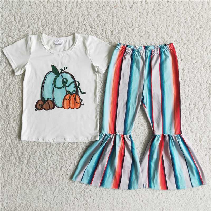 D5-28 Girls Tricolor Pumpkin Short Sleeve Striped Flared Pants Set