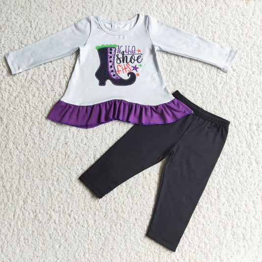 embroidery boots purple lace top black legging pants set