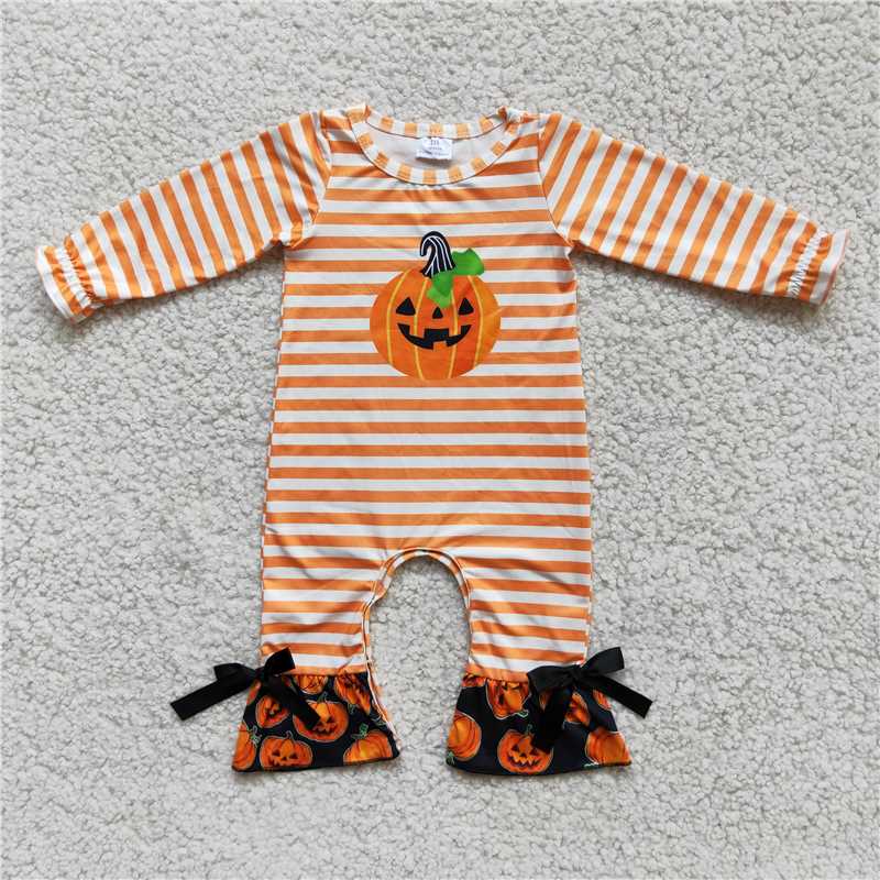 6 A13-2 Halloween pumpkin striped design romper