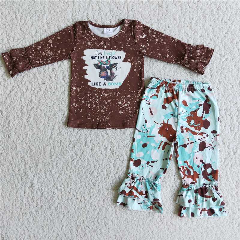 brown bleached heifer top ink pattern pants set