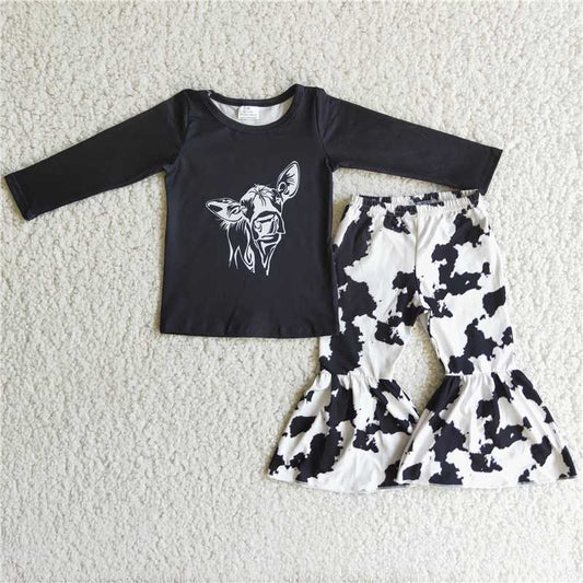 RTS NO MOQ ETA 5/7days Arrived 6 C9-20 girls black outfit long sleeve and long pants cow print