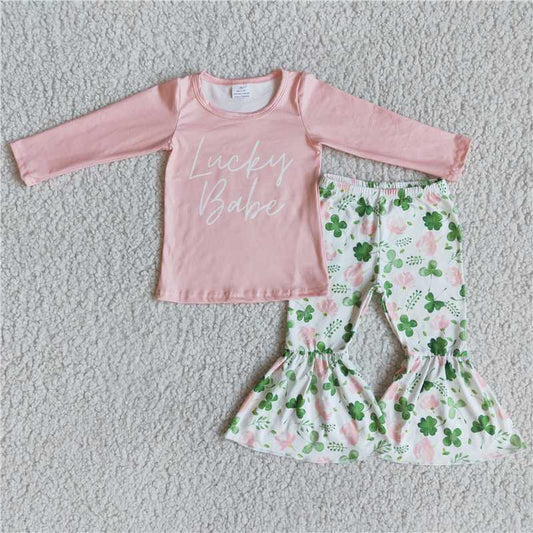 6 B2-25 Alphabet pink long-sleeved top printed flared pants lucky four-leaf clover