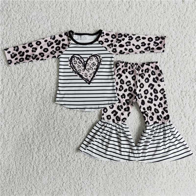 Valentine day clothes girl set leopard heart striped print