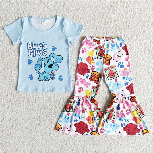 girl blues blue short-sleeved cartoon flared pants suit