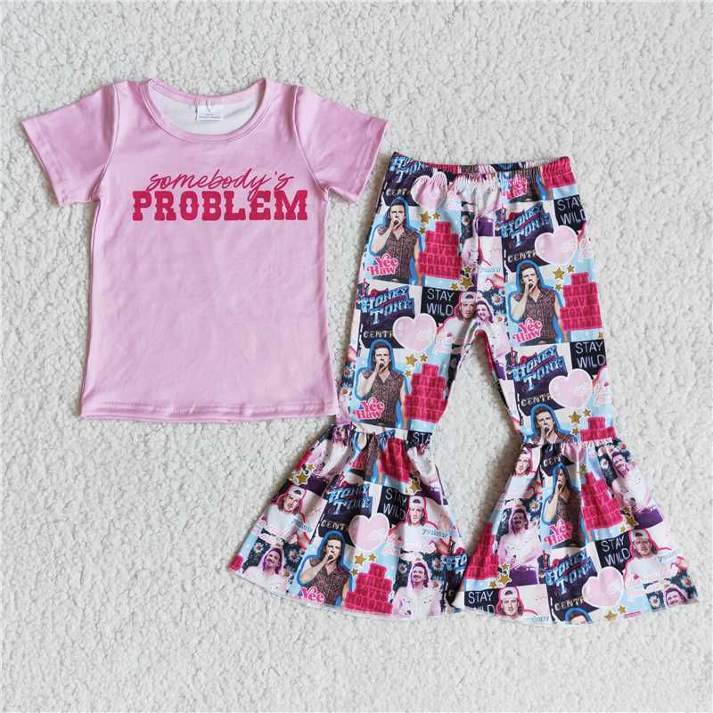 PROBLEM Pink Short Sleeve Heart Flared Pants