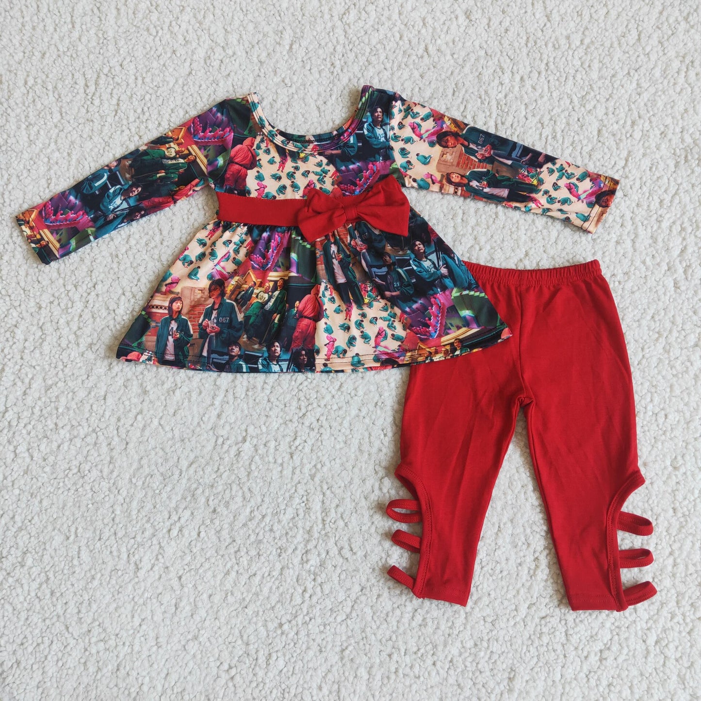 red cutout trousers girl set with a bow