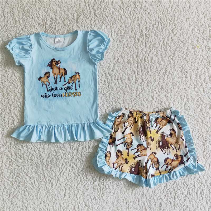 B17-30 Girls Horse Blue Short Sleeve Lace Shorts Set