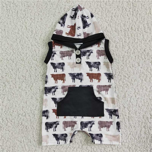 SR0041 Boys Sleeveless Hooded Cow Button Pocket Bodysuit