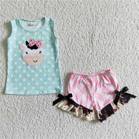 GSSO0088 Girls Embroidered Bull Head Green Sleeveless Pink Plaid Shorts Set