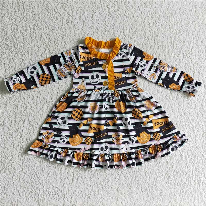 GLD0104 baby clothing long sleeve pumpkin print halloween kids dresses for girls milk silk