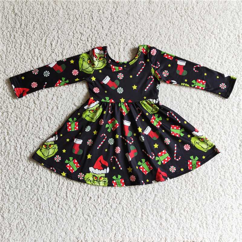 RTS NO MOQ ETA 5/7days Arrived GLD0101 girls christmas dress cartoon print long sleeve dress