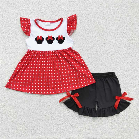 GSSO0130 Girls Embroidered CARTOON Head Red Flying Sleeves Black Shorts Set