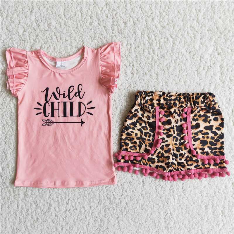 Girls Letter Pink Sleeve Leopard Print Shorts Outfit – sunshine kids ...