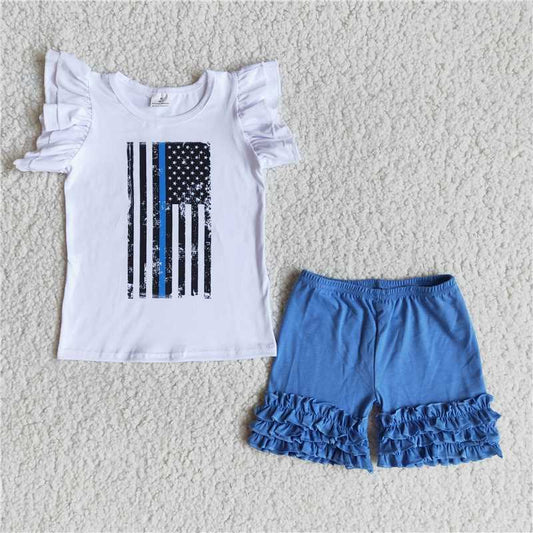 A7-12 National Day White Top National Flag Blue Shorts