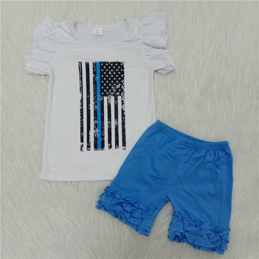 Girls National Day White Top and Flag Sleeve Blue Shorts Outfit