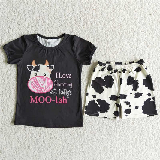 Girls Cow Black Short Sleeve Shorts Boutique Set