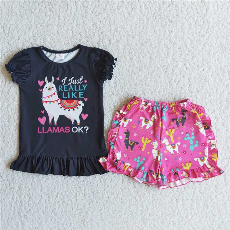 Girls alpaca black short-sleeved rose red lace shorts outfit