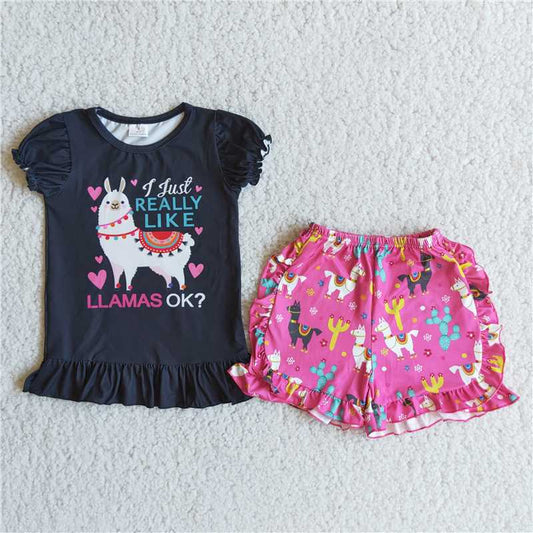 Girls alpaca black short-sleeved rose red lace shorts outfit