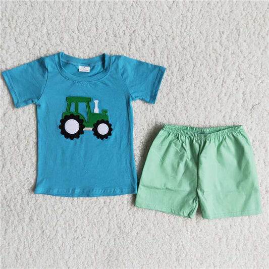 Embroidered Green Truck Blue Short Sleeve Shorts