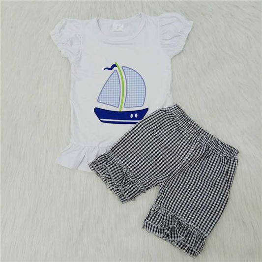 Girls sailing white puff sleeve black lace plaid pants short outfit