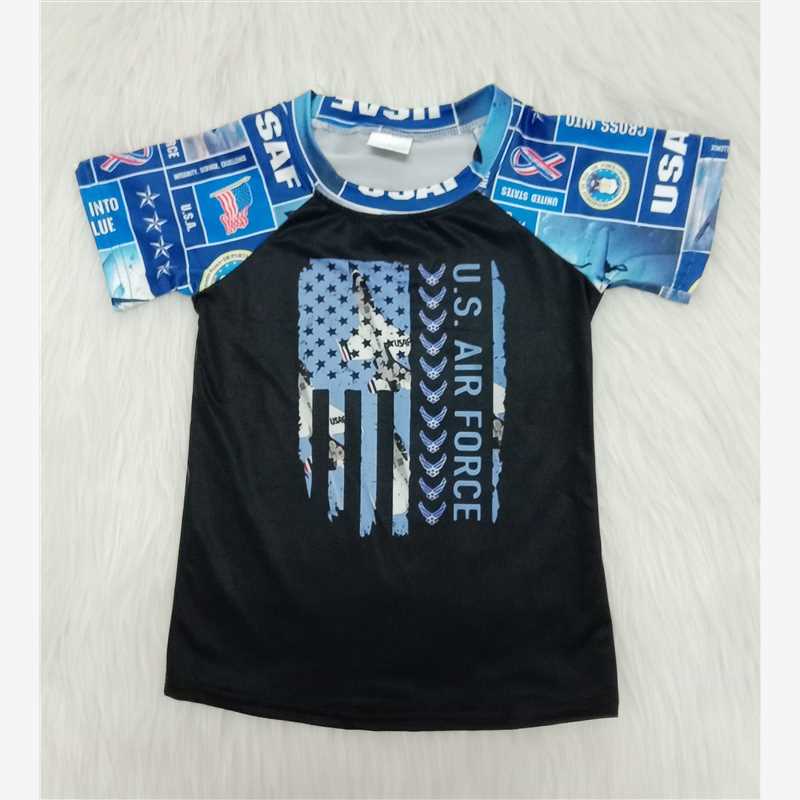 Boys Flag 4th of July US Black Blue Short Sleeve Top