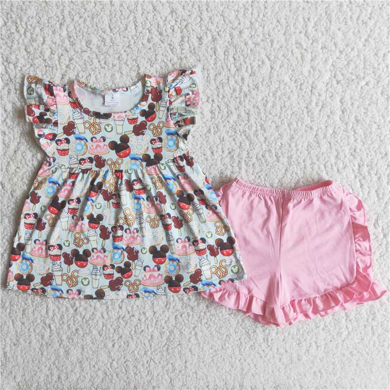 Girls Cartoon Little Flying Sleeve Pink Shorts Outfit