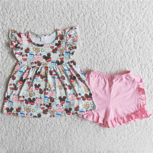 Girls Cartoon Little Flying Sleeve Pink Shorts Outfit