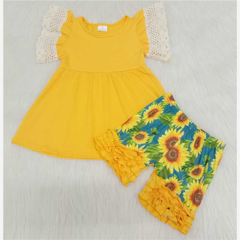 Girls Yellow Top Lace Sunflower Shorts Outfit