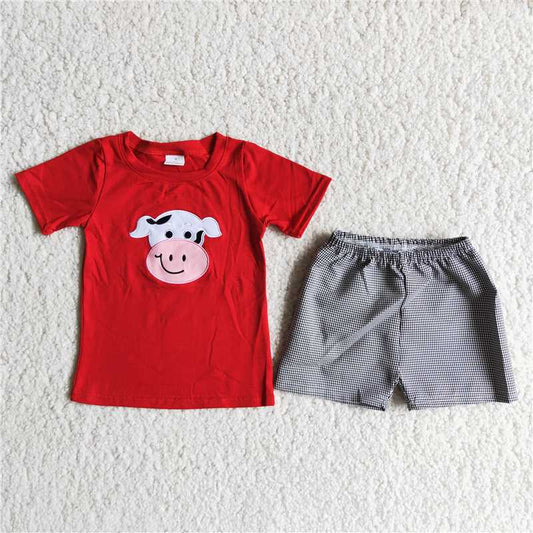 Embroidered Cartoon Cow Red Short Sleeve Shorts