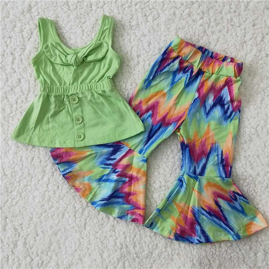 green sleeveless top tie dye pattern long pants set