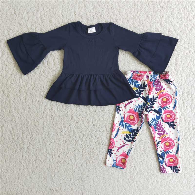 black long sleeve top and flower pattern pants girl's outfit